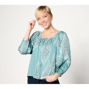 Destination 365 Women's Top Sz S Printed Square Neck Puff Sleeve Green A641517